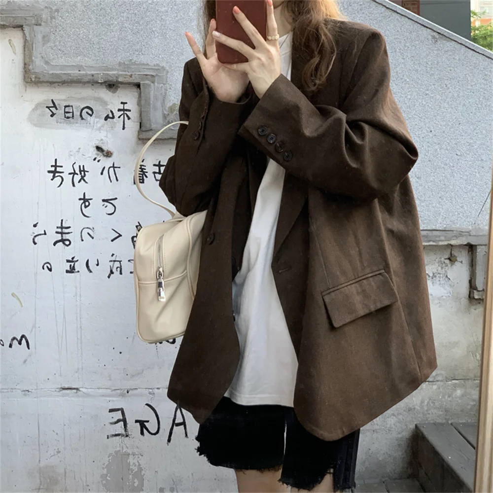 

Коричневые офисные женские блейзеры HziriP, Корейская облегающая Мода, осень 2021, универсальные Элегантные повседневные уличные топы, пальто