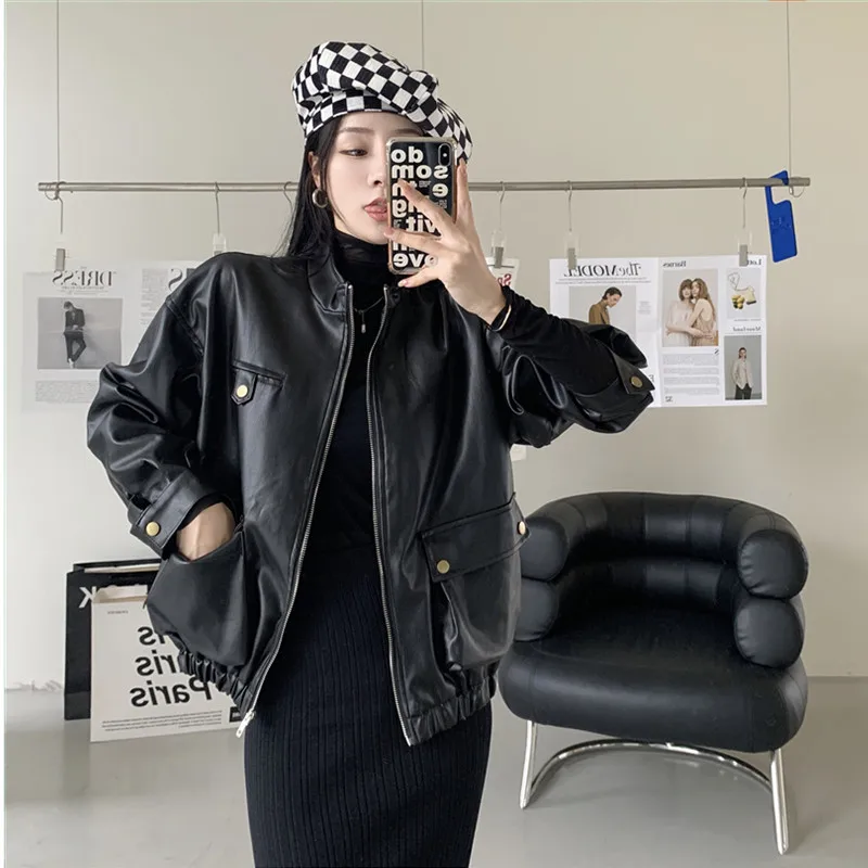 Осенние винтажные женские пальто из искусственной кожи с отворотом и двойными