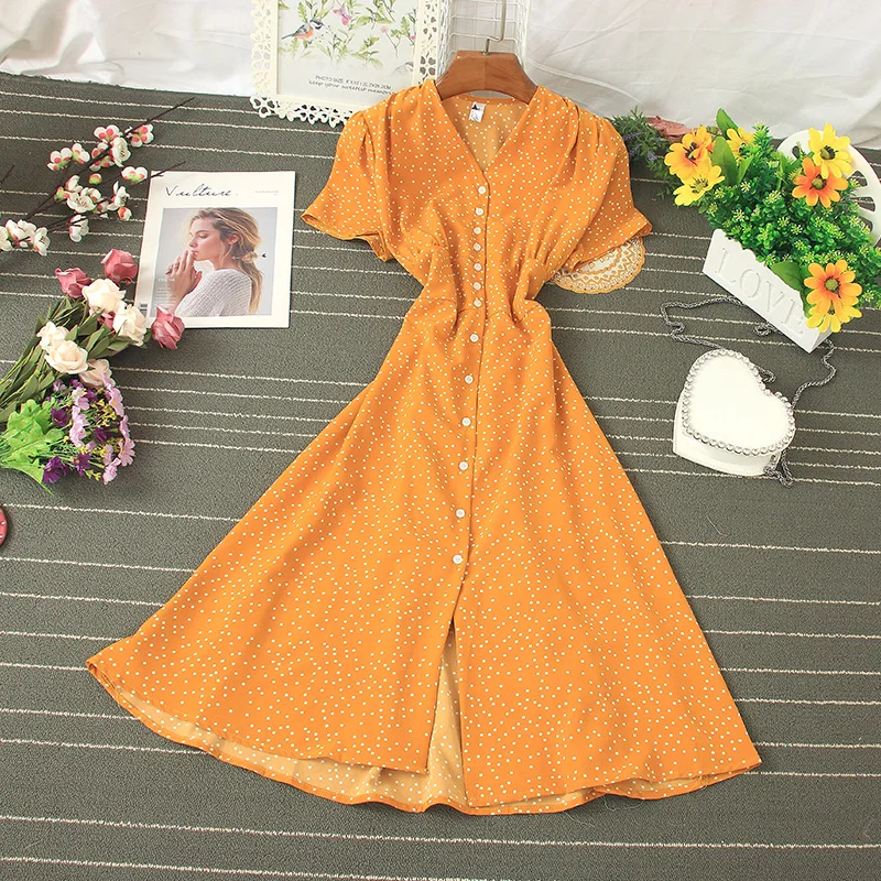 Женское винтажное платье Fitaylor облегающее однобортное миди в горошек с v-образным