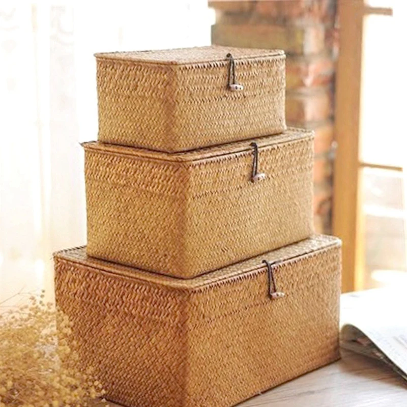 Ручная работа соломенная плетеная корзина для хранения с крышкой Органайзер