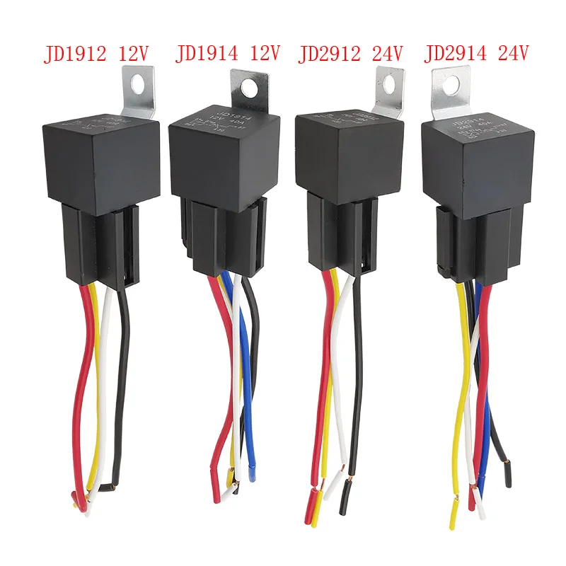 5Pcs 4P 5Pin Waterproof Car Relay 12V 24V 40A Automotive Relay with Black Red Copper Terminal Auto Relay with Wire Relais Socket