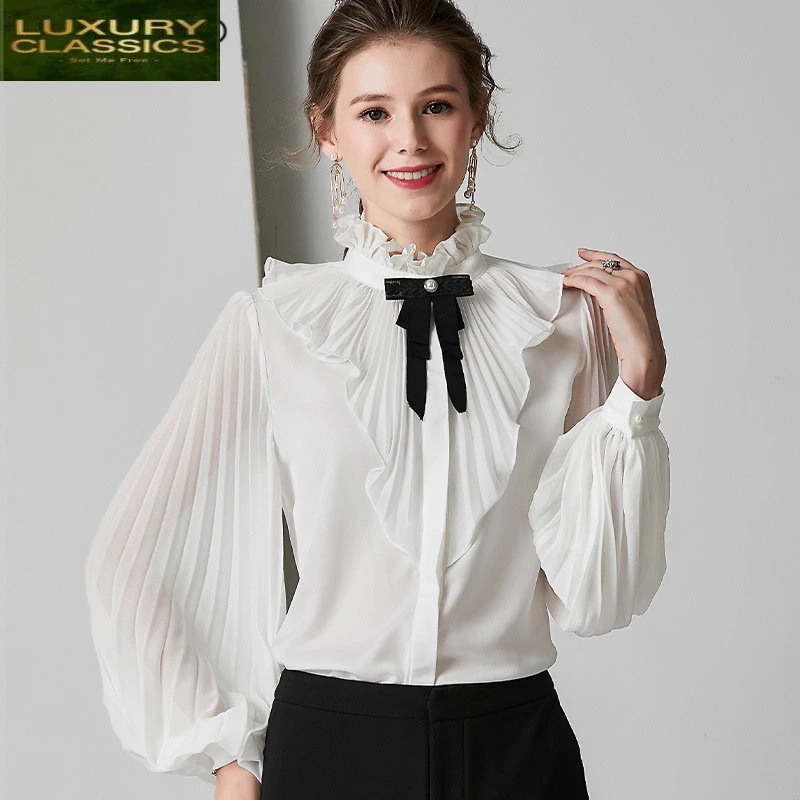 Silk Real Women Blouse Shirt Womens Tops and Blouses Elegant Long Sleeve Shirts Office Wear Korean Fashion Clothes 924011