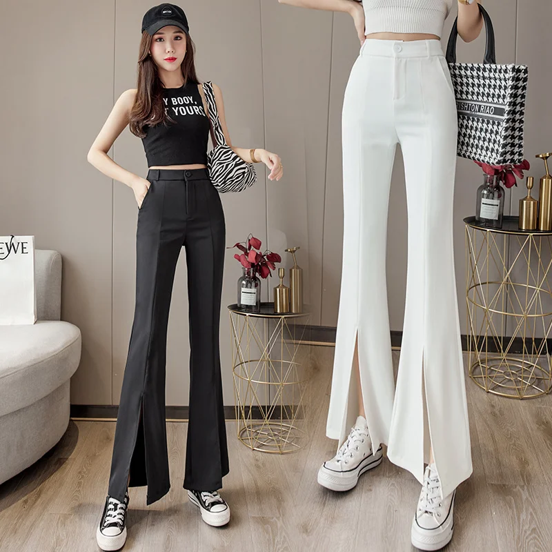 

2021women's Suit Split Ice Silk Wide-Leg Pants Summer Thin High Waist Drooping Bell-Bottom Pants Mop Casual Pants