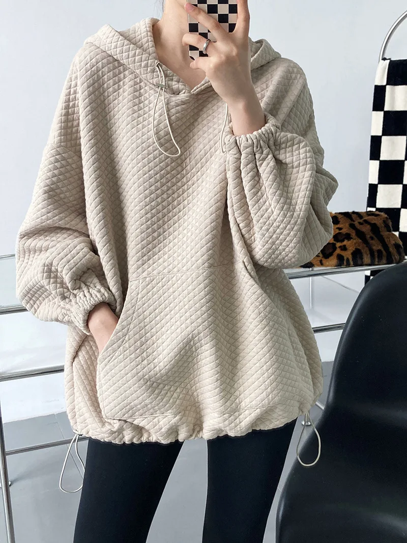 

Женский свободный пуловер с капюшоном, Повседневный пуловер с вафельным принтом, модель 2021 в Корейском стиле на осень и зиму
