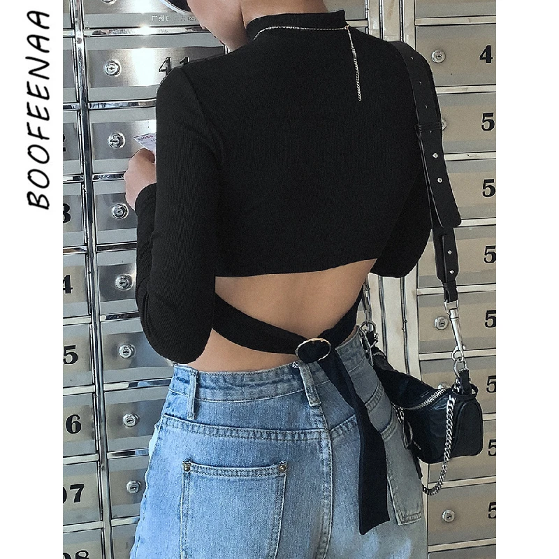 BOOFEENAA сексуальная открытая спина с длинным рукавом Футболка Harajuku уличная Весна