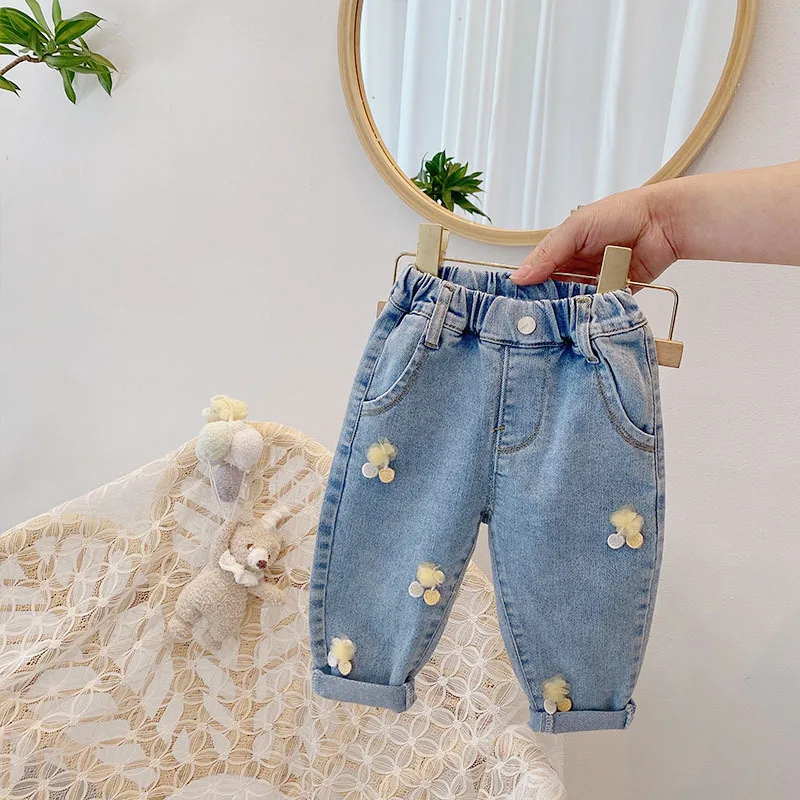 

Симпатичные детские джинсовые штаны, весна 2021, Детские вишневые джинсы, модные брюки, длинные брюки принцессы для девочек, От 2 до 7 лет