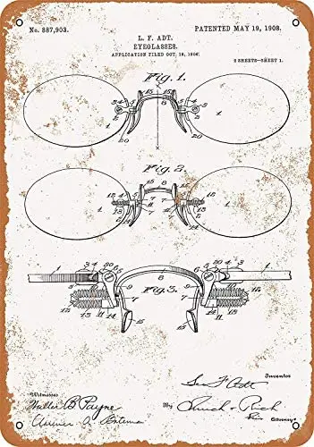 

1908 Eyeglasses Patent Metal Tin Sign 12 X 8 Inches Retro Vintage Decor