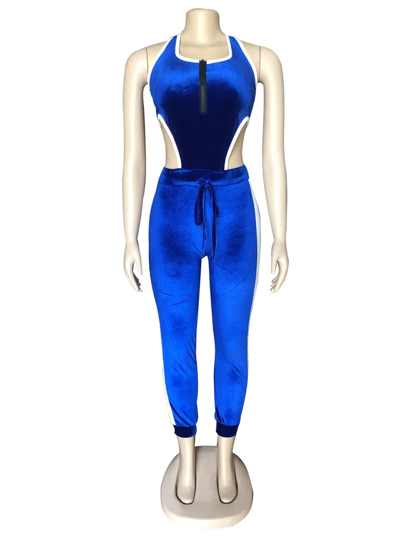

Sexy Two Piece Set Zipper Bodysuit Top and Long Pants Women Side Striped Velvet Fall 2 Piece Club Outfits Bodycon Matching Sets