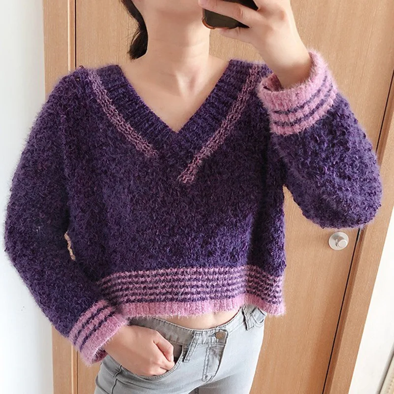 Женский укороченный свитер из искусственной норки и кашемира фиолетовый
