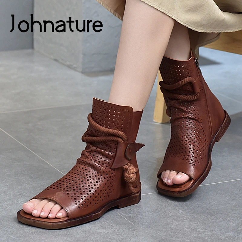 

Johnature 2021 New Summer Shoes Women Sandals Flat With Genuine Leather Retro Sewing Zip Handmade Concise Leisure Ladies Sandals