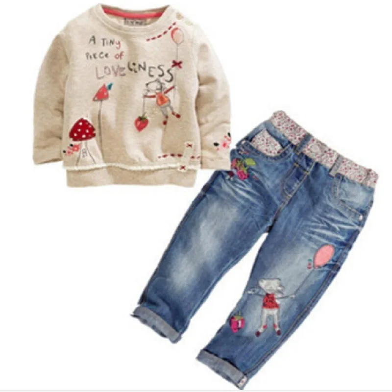 

Fashion Spring Autumn Kids Girls Clothing Sets Cotton O-Neck Tops + Jeans 2 PCS Long Sleeve Floral Denim Suits 2- 6 Years Old