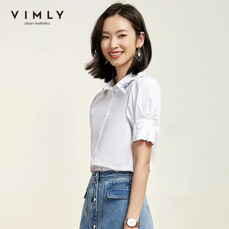 Женская офисная блузка с вышивкой Vimly летняя однотонная в стиле ретро отложным