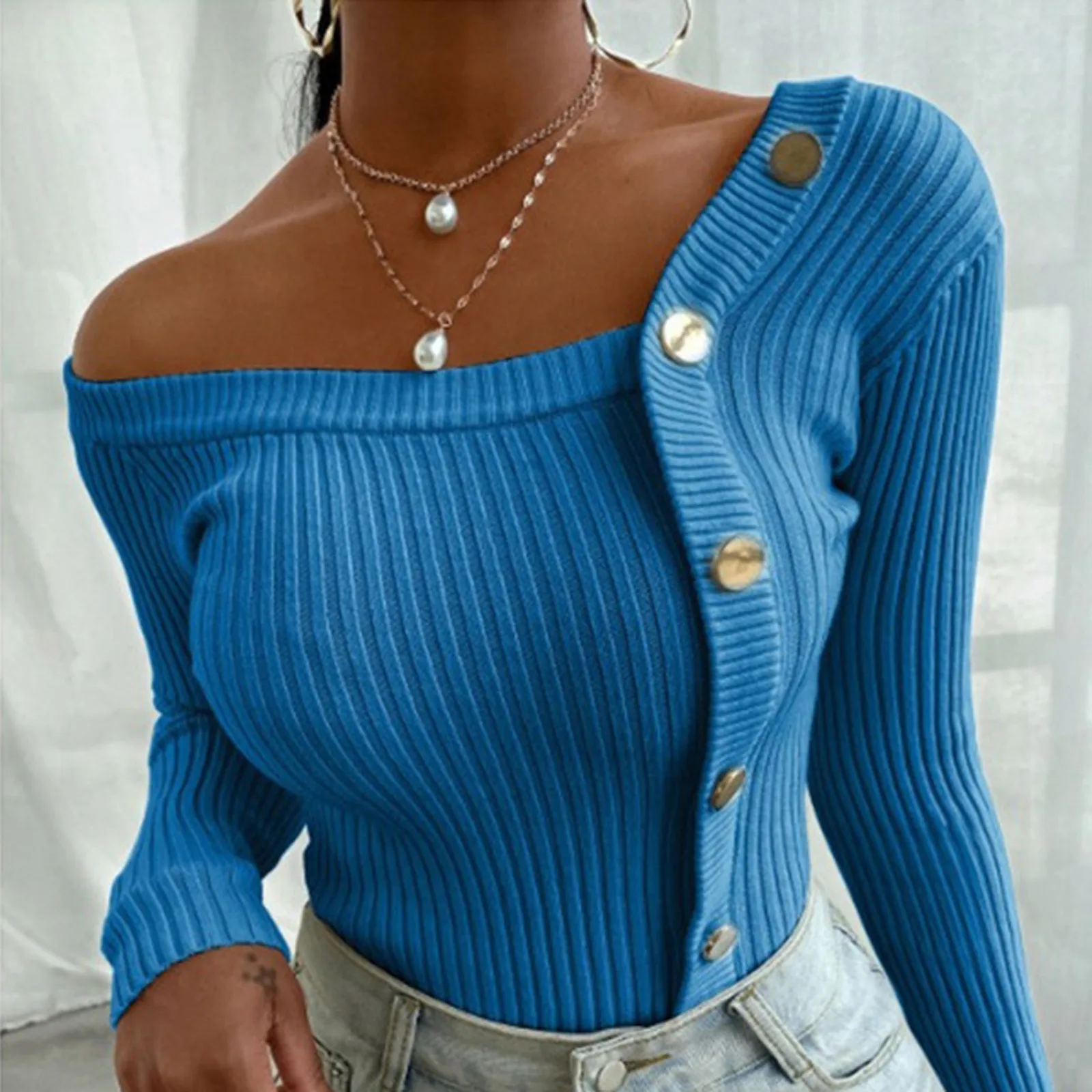 

New Button Off Shoulder Knitted Sweater Women Jumper Autumn Winter Strapless Pullover Long Sleeve Knitwear Female Streetwear#24