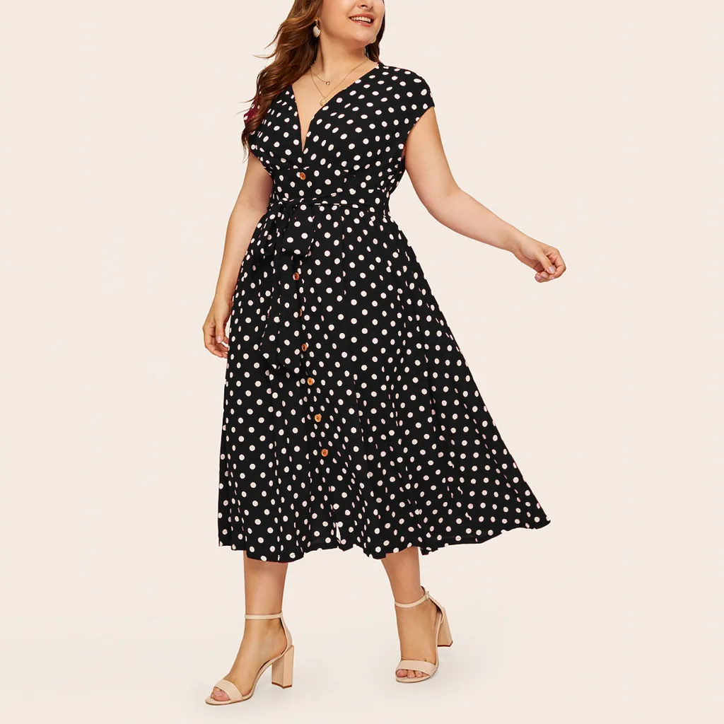 

New Women Plus Size Dress Autumn Polka Dot Print Large Size Female Dresses Short Sleeve Warp Sexy Boho Vestido Robe Femme 5XL