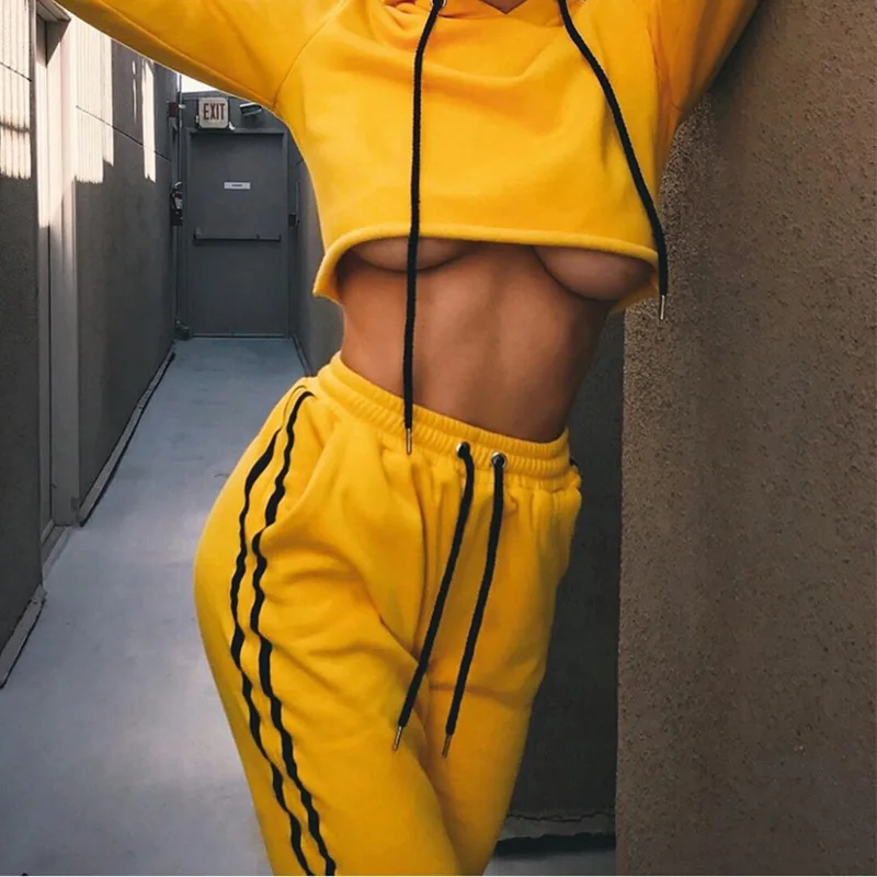 

Donsignet Women's Suit Fashion Hooded Collar Pullover Short Solid Color Stripe Stitching Long-sleeved Trousers Two-piece Suit