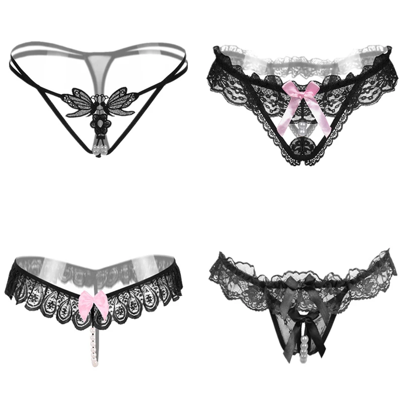 Сексуальные кружевные трусики стринги женские открытые с жемчугом горячее
