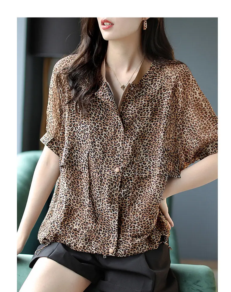 

2021 summer new loose large size women's retro leopard dot print thin top round neck short-sleeved chiffon shirt women
