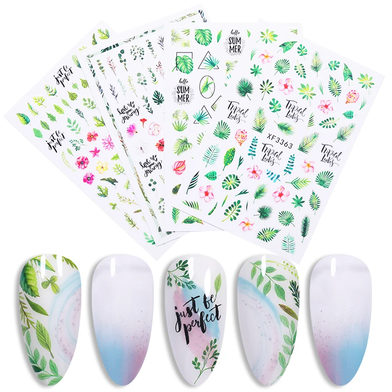 

1PC 3D Nail Sticker Summer Design Tropical Flowers And Leaves Green Nail Art Transfer Sticker Slider Nail Art Decorations