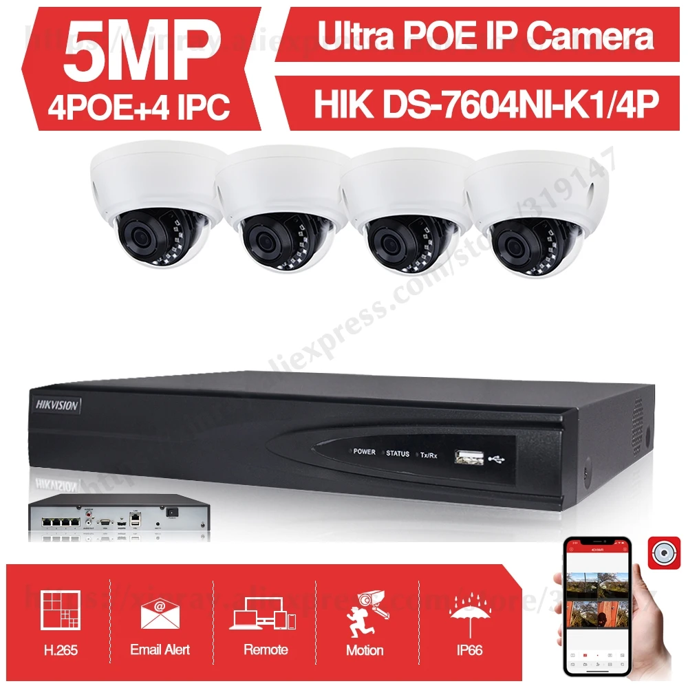 4CH система видеонаблюдения 4 шт. ультра 5MP купольная камера безопасности POE с Hikvision 4CH POE NVR DS-7604NI-K1/4 P DIY комплекты видеонаблюдения