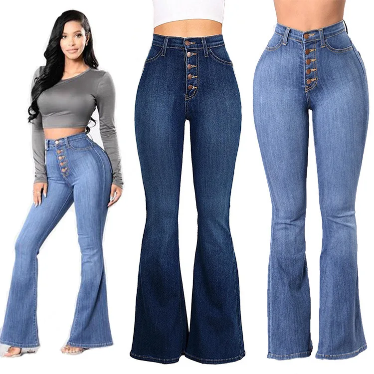 

Синие расклешенные узкие джинсы, женские джинсовые брюки с завышенной талией на пуговицах, брюки полной длины, повседневные джинсы бриллиа...