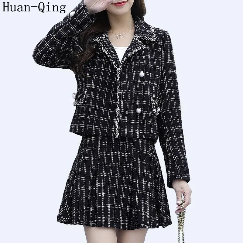 Новый осенний подиумный женский клетчатый шерстяной костюм комплект из 2