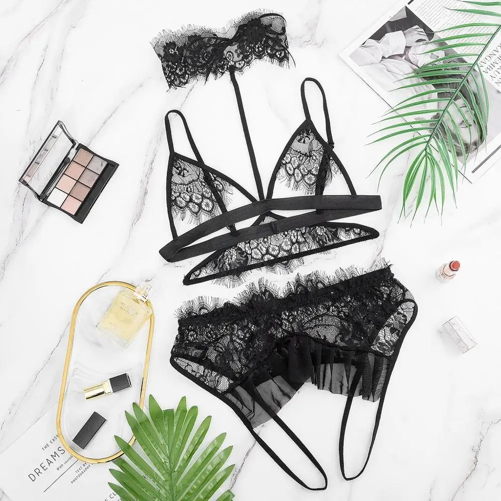 Сексуальное нижнее белье ночное для женщин стринги бюстгальтер кружева ночная