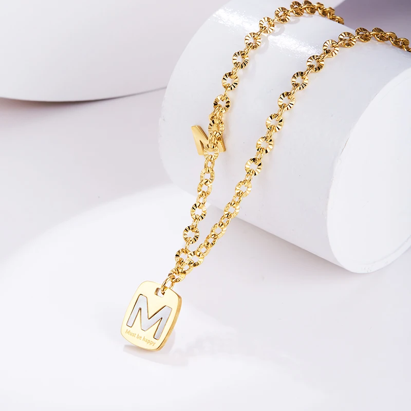 

Change Better Natural Fritillaria Pendant Letter M Stainless Steel Necklace Gold Color Letter Choker Women Pendant Jewelry Gift