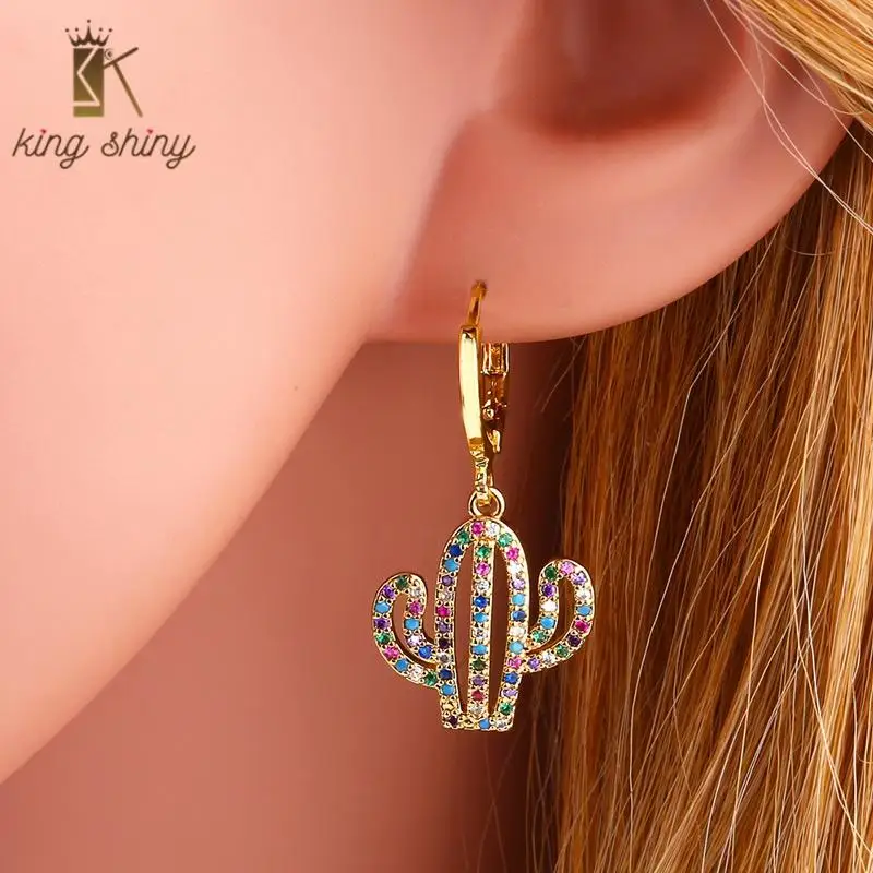 

2020 New Design CZ Gothic Rainbow Color Cactus Hook Earrings for Woman Gold Filled Plant Zirconia Huggies Pendant Copper Earring