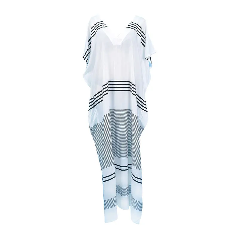 

New Synthetic Cotton Striped Bikini Cover Up Polyester Loose Long Skirt Sexy Beach Sun Protection Clothing V-Neck Swimsuit Dress