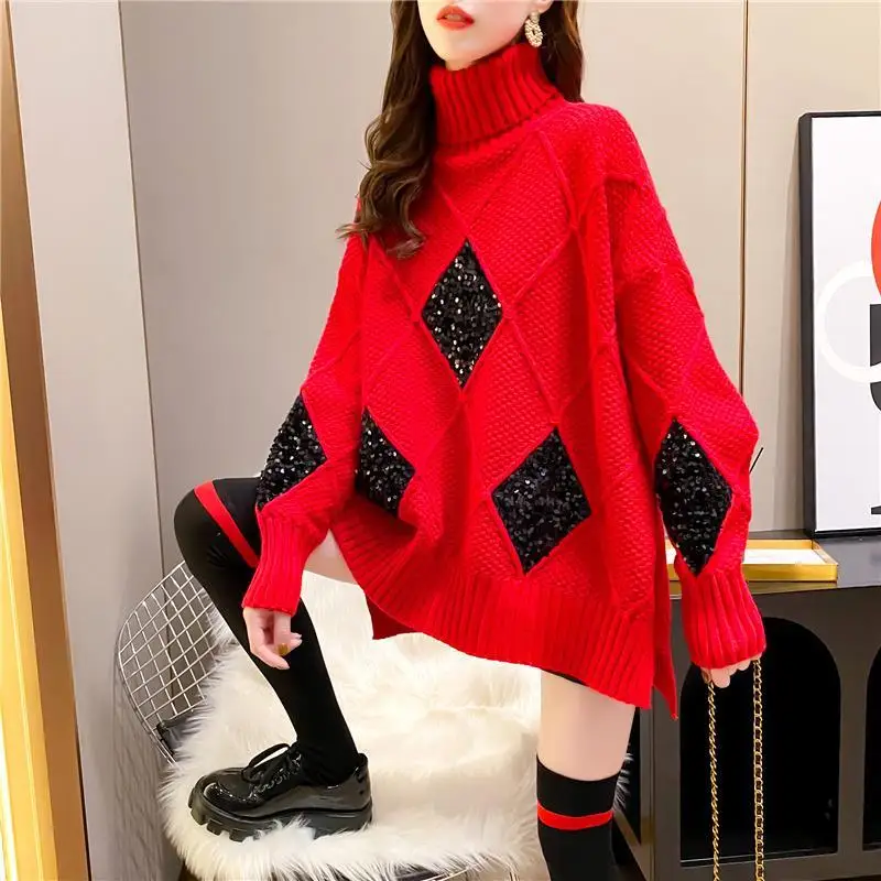 

2023 Spring Autumn Women's Comfortable Loose Casual Round Neck Long Sleeve Retro Diamond Pattern Pullover Knitted Sweater Y245