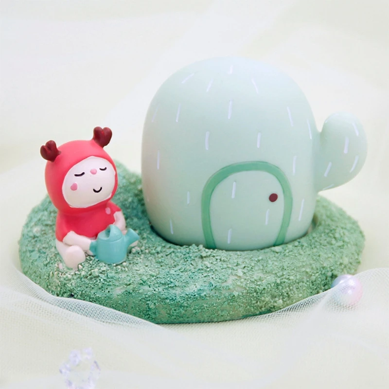

Cute Cactus Mushroom Pen Holder with LED Light Resin Desktop Ornaments Decor