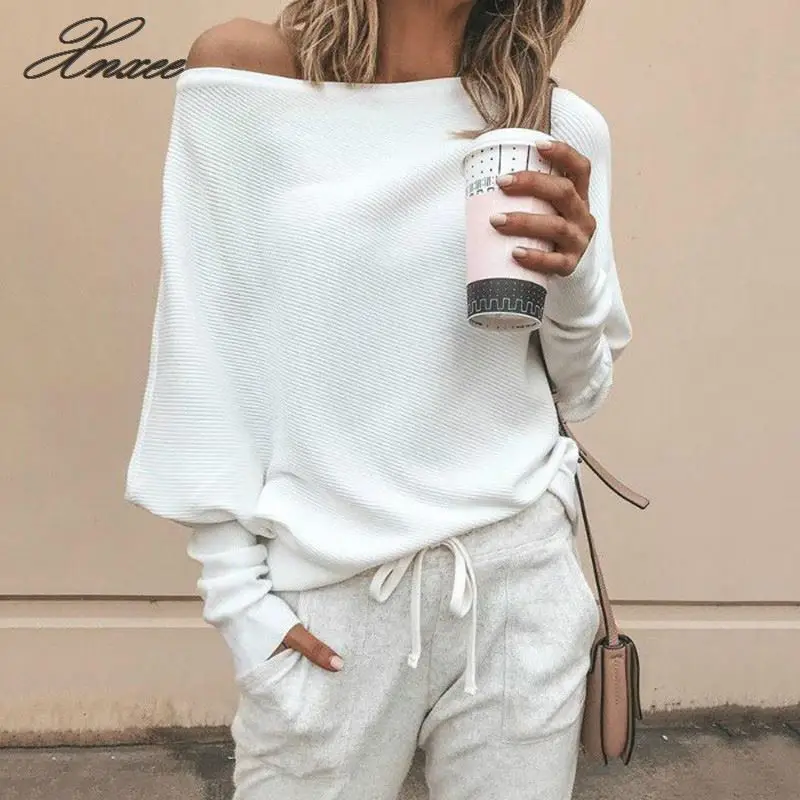 Xnxee Casual Loose Bat Sleeve Sweater Autumn Fashion Plain Shoulder Knitted Gray White Knit Pullover S-5XL | Женская одежда