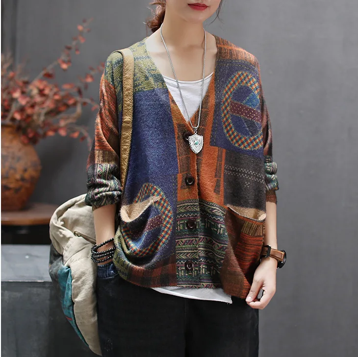 Autumn Sweater Women Retro Loose Knitting jackets 2019 New Ladies Cardigan Tops Long-sleeved pocket Print Casual Coat |