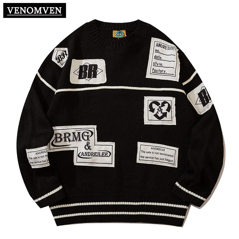 

Harajuku vintage embroidery badge knitted sweater men oversized Korean clothing tag pullover women's jumper grandpa ugly sweater