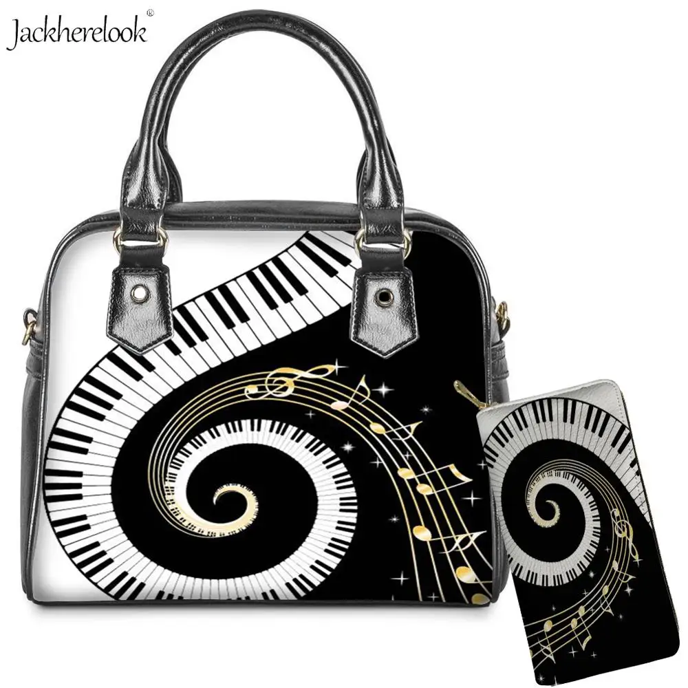 2Pcs/set Musical Notes Shoulder/messenger Bag Purse Pu Leather Handle Totes and Art Wallet Piano Keyboard Print Handbag | Багаж и сумки