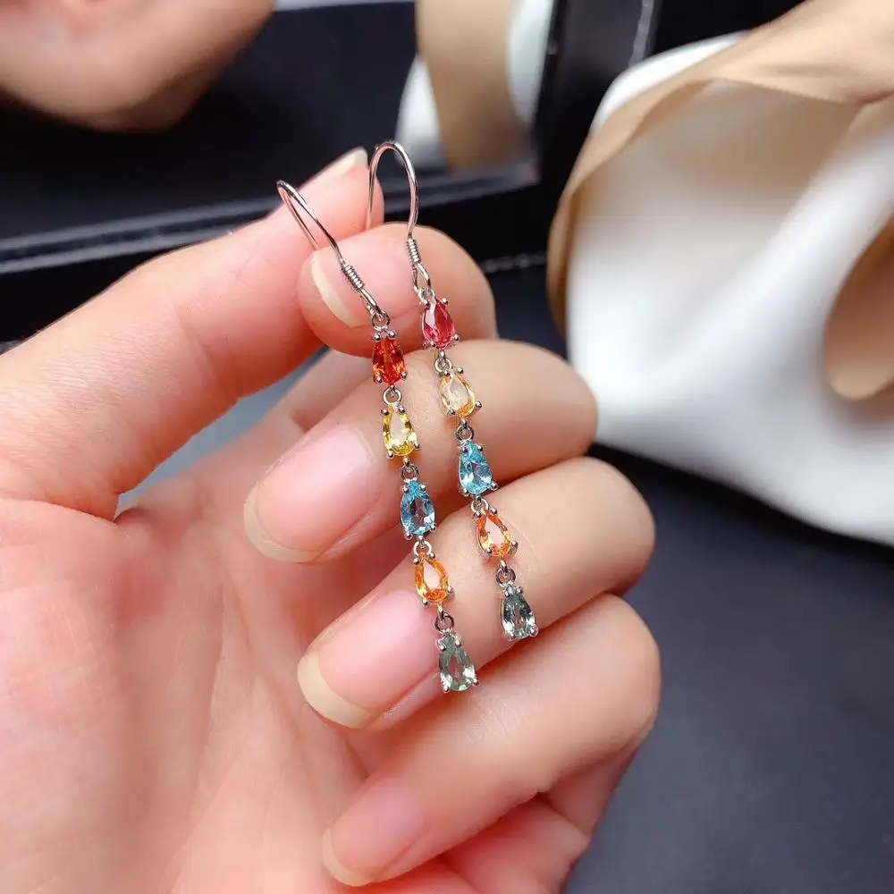 

Natural Multicolor sapphire drop earrings S925 silver natural Gemstone drop earrings fashion strand long Women gifts jewelry