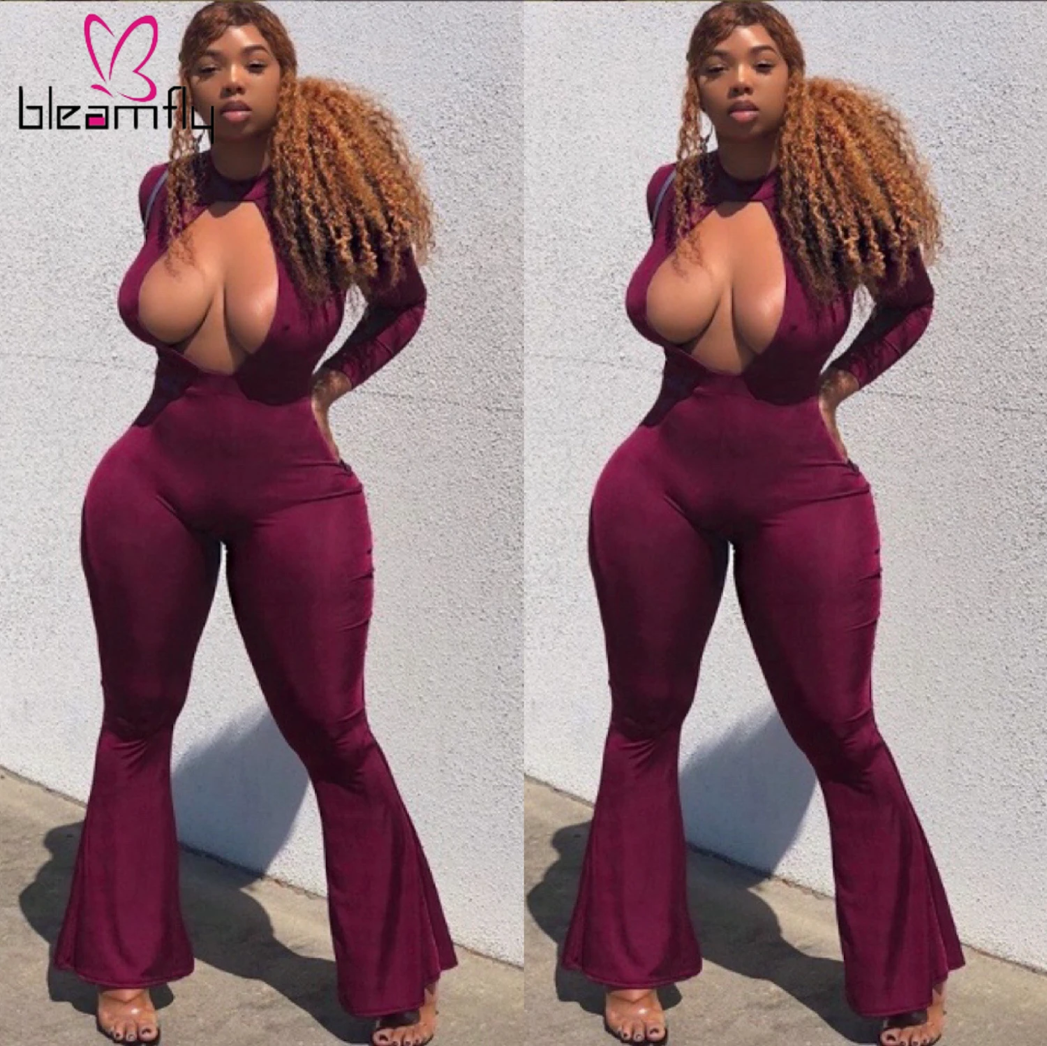Комбинезоны женские сексуальные с вырезами Облегающий комбинезон расклешенными