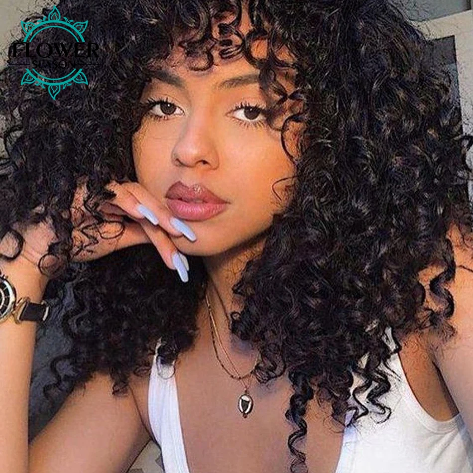 

Curly Hair Wig Human Hair Wigs With Bangs Remy Peruvian Jerry Curly O Scalp Top Full Machine Made Wig 200 Density FlowerSeason