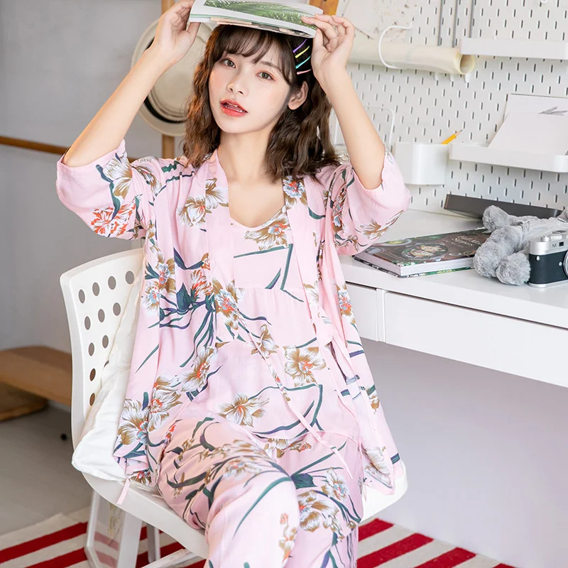 

3Pcs Pajama Sets Women Viscose Sexy Kimono Sleep Suits Shirt+Strap+Pants Spring Summer Pajamas for Women Outwear Homewear Nighty