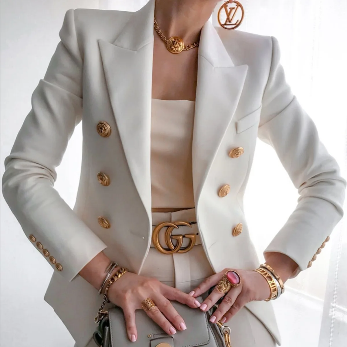 Blazer Jacket Women's Double Breasted Metal Lion Buttons Blazer Slim Fitting Gorgeous Coat Office Ladies Outfit