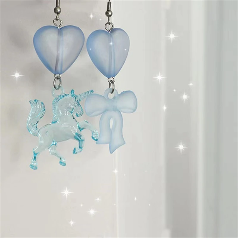 

Fashion Creative Asymmetric Design Blue Heart-Shaped Unicorn Bow-Shaped Earrings Fashion Personality Cute Girl Jewelry Accessory