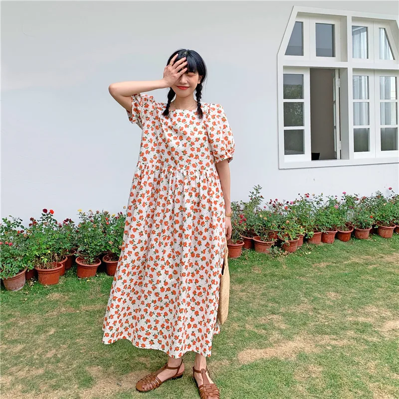 Женское Хлопковое платье с квадратным вырезом свободное повседневное