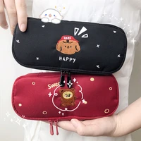 kawaii pencil bag bear large capacity simple canvas student pencil box lovely embroidery junior middle school stationery bag