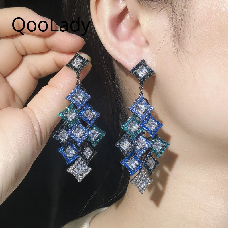 

QooLady Noble Square Cut Black Gold Bule Mix Color Cubic Zircon Stone Long Dangle Earrings for Women Bar Party Jewelry Gift E225