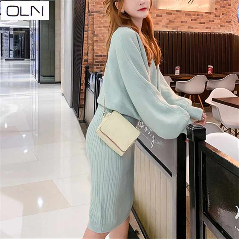 Осеннее платье OLN корейский vestidos Новое поступление Зимний трикотажный шерстяной костюм платье-свитер женский из двух предметов