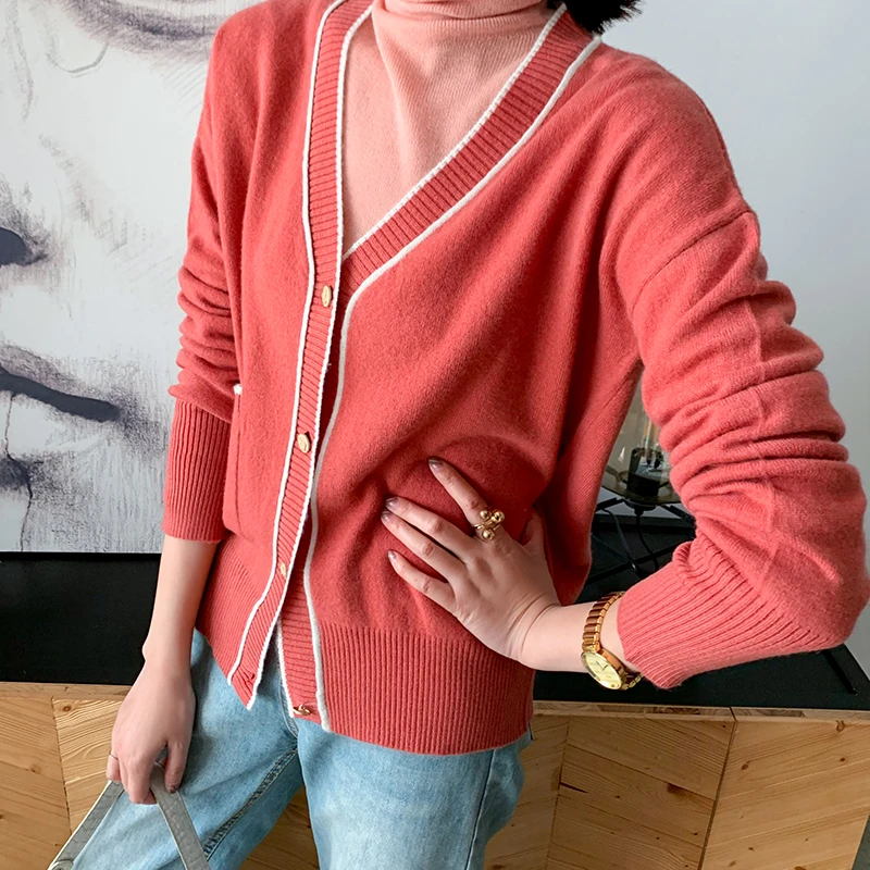 

BELIARST Cardigan Women's Cardigan 2020 New Spring V-Neck 100% Pure Wool Knit Outer Color Matching Sweater Coat Short
