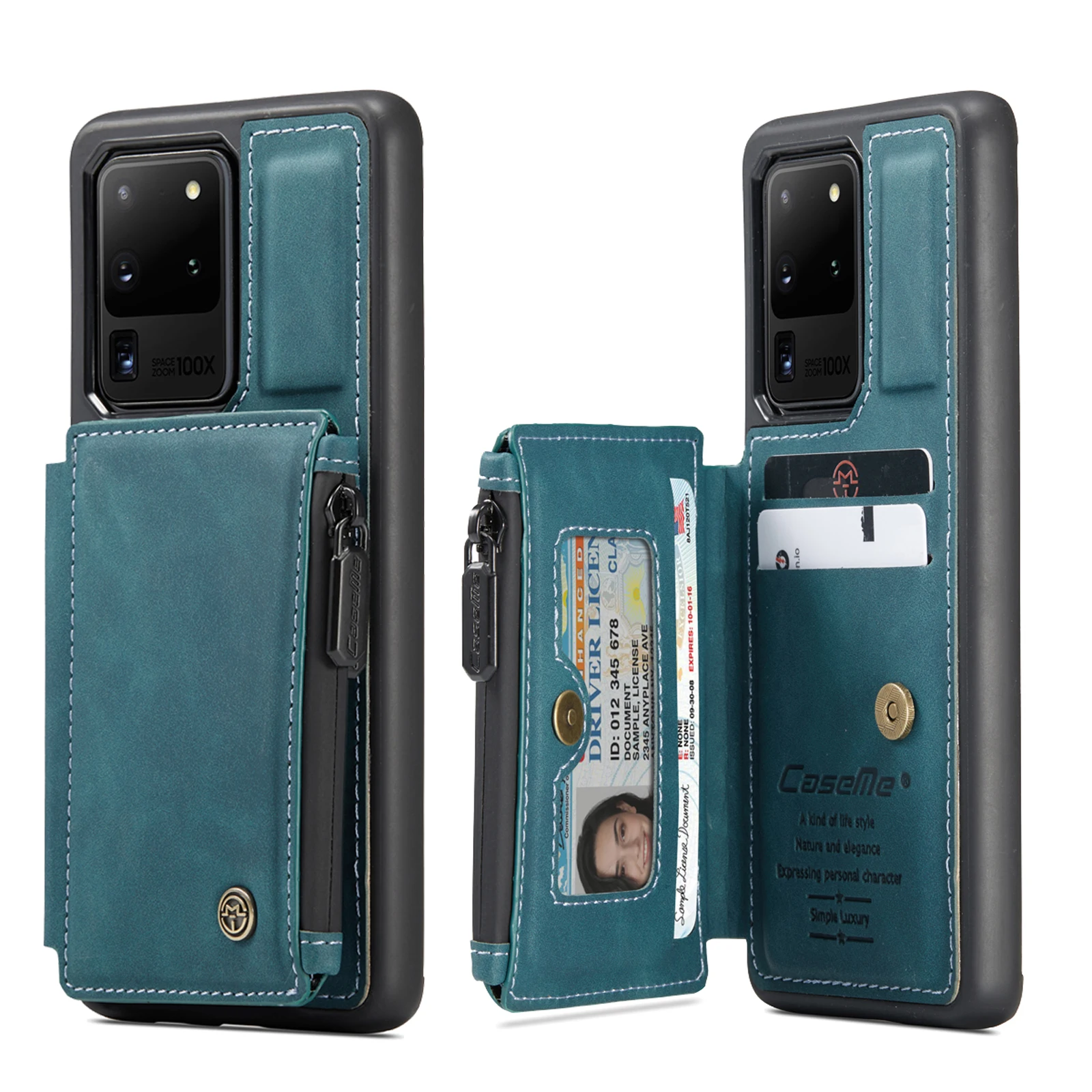 

For Samsung s20ultra s20fe s10 s9 s8plus Multifunction Zipper Bag Case Wallet Stand Phone Card Back Cover With Magnetic Buckle