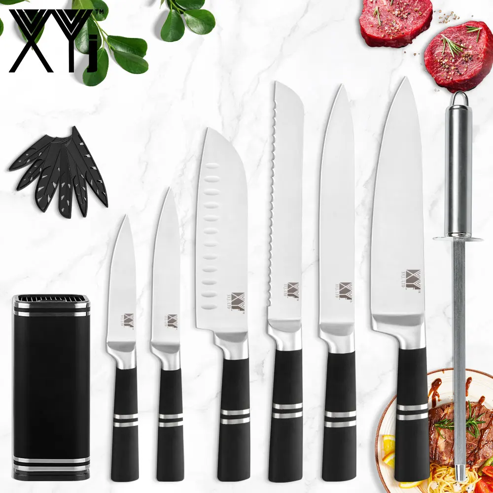 

XYj Kitchen 8pcs Stainless Steel Knives Set Chef Bread Slicing Santoku Utility Paring Knives Holder Stand Knife Sharpener Tools