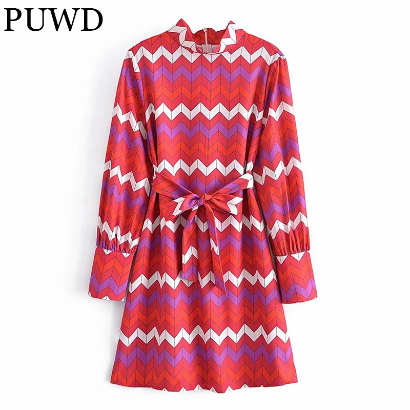 

PUWD Elegant Women Sash Midi Dress Long Sleeve Ladies Geometric Print Dress 2021 Autumn Fashion Turtlenecks Female Chic Dresses