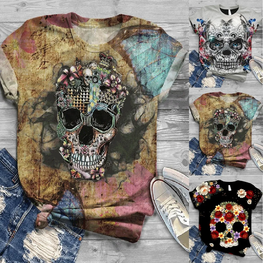 Ropa mujer/Для женщин s Топы и блузки Для размера плюс короткий рукав 3D с принтом
